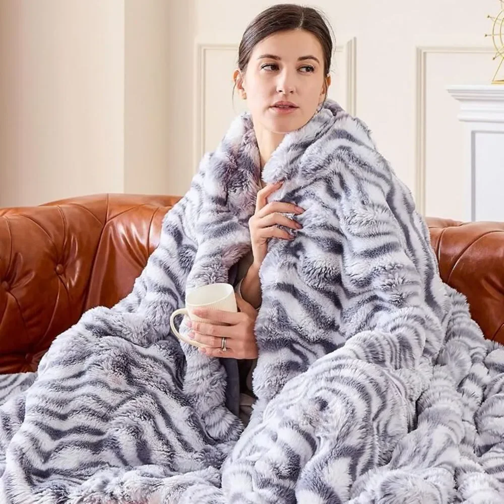 Fluffy Faux Fur Bubble Throw Blanket for Couch,Zebra Stripes,50